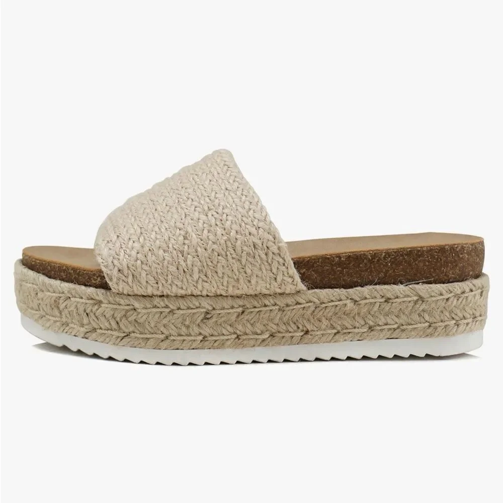 Soda PROCESS Beige Jute Open Toe Platform Espadrille Slide Sandals